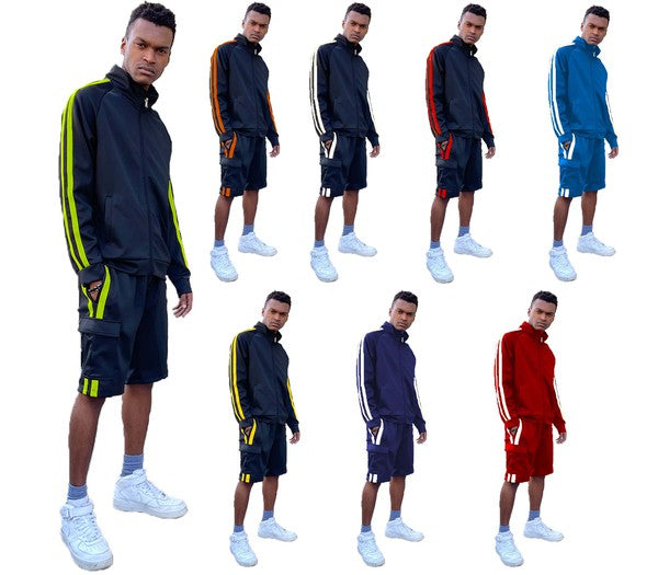 Dual-Stripe Cargo Pocket Tracksuit: Jacket & Shorts Combo